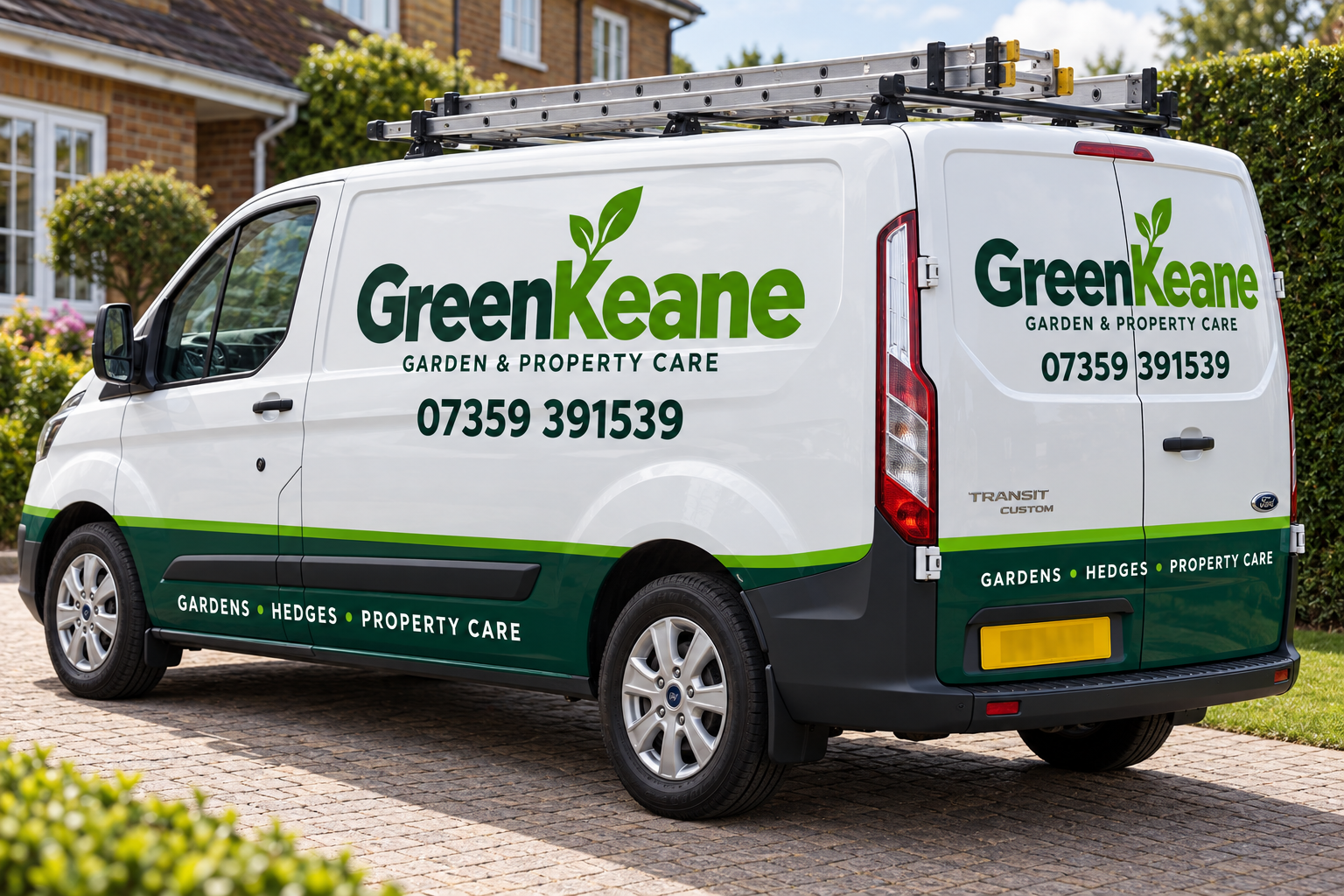 GreenKeane branding concept on a white gardening van